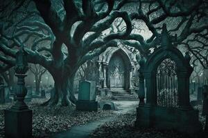 dark and eerie garden filled with twisted trees, gravestones, and ghostly apparitions illustration photo