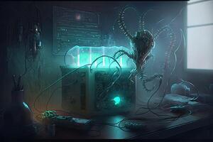 futuristic laboratory where creatures made out of metal and wires are being created and tested, with glowing tubes and wires running throughout the room illustration photo