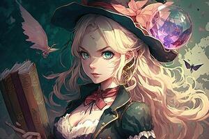 un manga mago hermosa chica, manga estilo ilustración generativo ai foto