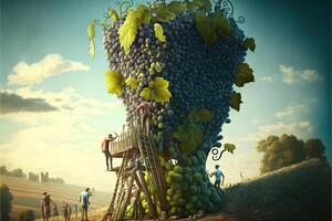 enormous giants grapes in vineyard, people using ladders to harvest llustration photo