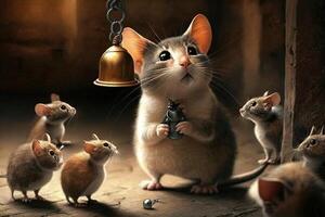 campanada el gato. el ratones plan a sitio el campana en el gato. historia o hada cuento libro. de esopo fábula ilustración generativo ai foto