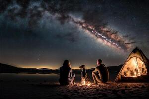 camping under starry night sky Milky way watching. man woman and dog people next to tent in national park. Star gazing.illustration photo