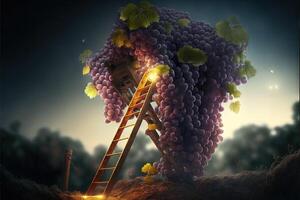 enorme gigantes uvas en viñedo, personas utilizando escaleras a cosecha Ilustracion generativo ai foto