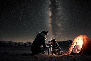 cámping debajo estrellado noche cielo lechoso camino mirando. hombre y perro siguiente a tienda en nacional parque. estrella mirando.ilustracion generativo ai foto