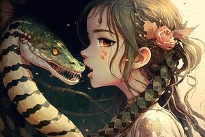hermosa niña besos un serpiente, manga estilo anime personaje ilustración generativo ai foto