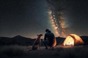 cámping debajo estrellado noche cielo lechoso camino mirando. hombre y perro siguiente a tienda en nacional parque. estrella mirando.ilustracion generativo ai foto