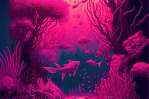 magenta ocean with magenta animals underwater illustration generative ai photo