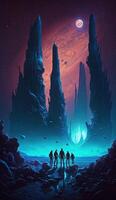 group of space travelers exploring a mysterious alien planetsmartphone phone original fantasy unique background lock screen wallpaper illustration photo