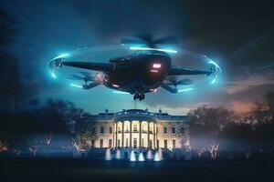 future drone flying on white house in washington dc photo