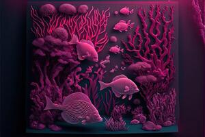 magenta ocean with magenta animals underwater illustration generative ai photo