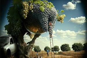 enorme gigantes uvas en viñedo, personas utilizando escaleras a cosecha Ilustracion generativo ai foto