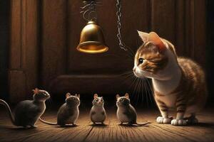 campanada el gato. el ratones plan a sitio el campana en el gato. historia o hada cuento libro. de esopo fábula ilustración generativo ai foto