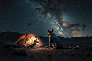 Dogs camping under starry night sky Milky way watching next to tent in national park. Star gazing.illustration photo