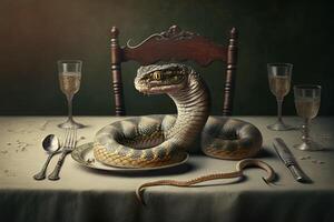 serpiente en un plato en el mesa ilustración generativo ai foto