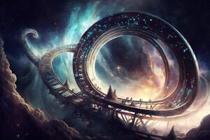 rollercoaster that spans multiple galaxies, with twists and turns that send riders hurtling through space illustration photo