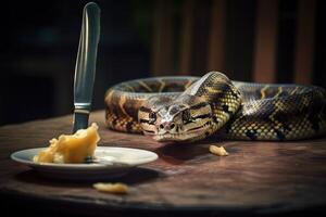 serpiente en un plato en el mesa ilustración generativo ai foto