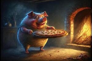 pig cooking pizza illustration photo