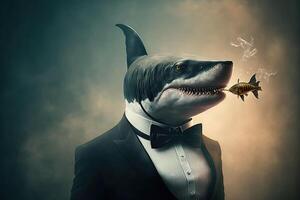 great white shark wearing tuxedo smoking a fish as a cigar illustration photo