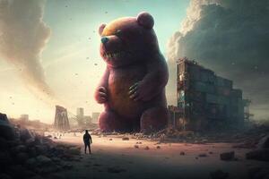 post-apocalyptic world where the remnants of society are being overrun by giant, animated gummy bears illustration photo