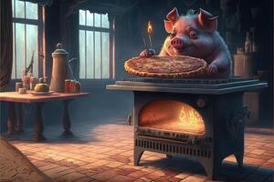 cerdo Cocinando Pizza ilustración generativo ai foto