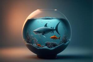 shark inside a fish bowl illustration artwork photo