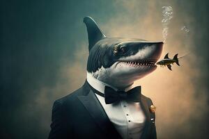 genial blanco tiburón vistiendo smoking de fumar un pescado como un cigarro ilustración generativo ai foto