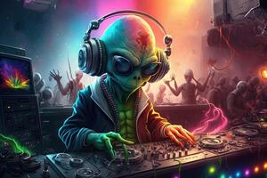Alien is a resident dj in the club People dancing on background illustration photo