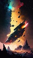 spaceship flying through a field of asteroid debris, with colorful nebulas smartphone phone original fantasy unique background lock screen wallpaper illustration photo