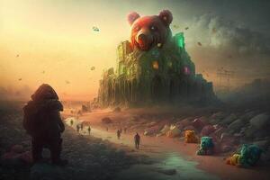 post-apocalyptic world where the remnants of society are being overrun by giant, animated gummy bears illustration photo