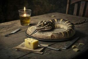 snake in a plate on the table illustration photo