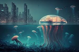 sprawling metropolis on the ocean floor, with towering skyscrapers made entirely out of jellyfish illustration photo