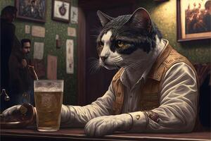 Cat drinking a beer in a pub bar illustration photo