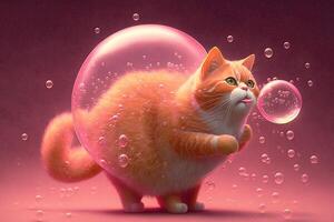 Pink cat Kitten with bubble gum. chewing illustration photo