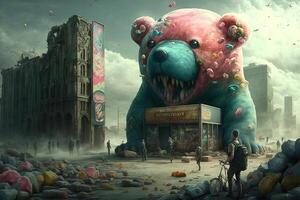 post-apocalyptic world where the remnants of society are being overrun by giant, animated gummy bears illustration photo