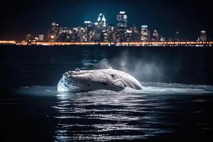 blanco jorobado ballena incumplimiento en Hudson río en frente de nuevo York ciudad iluminado rascacielos a noche ilustración generativo ai foto