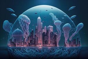 sprawling metropolis on the ocean floor, with towering skyscrapers made entirely out of jellyfish illustration photo