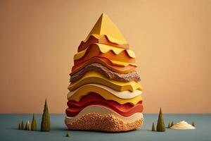 towering mountain made entirely out of stacked fast-food burgers, with ketchup and mustard cascading down the sides illustration photo