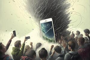 A tornado twisting a group of teenagers who are adoring a giant smartphone like a god or divinity illustration photo