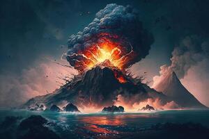 volcano erupting underwater, with lava flowing into the ocean illustration photo