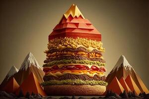 towering mountain made entirely out of stacked fast-food burgers, with ketchup and mustard cascading down the sides illustration photo