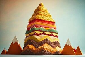 towering mountain made entirely out of stacked fast-food burgers, with ketchup and mustard cascading down the sides illustration photo