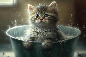 dulce gatito gato en bañera tubo ilustración generativo ai foto