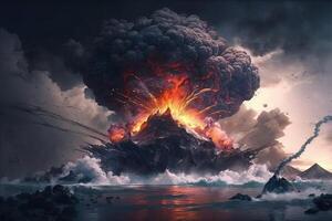 volcano erupting underwater, with lava flowing into the ocean illustration photo