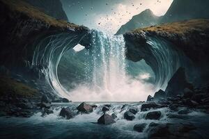 waterfall that flows upwards instead of down, with the water droplets seemingly defying gravity illustration photo