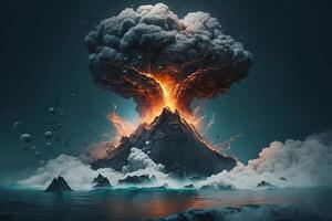 volcano erupting underwater, with lava flowing into the ocean illustration photo