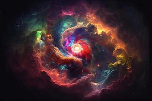 Colorful nebula that resembles a fruit salad, with bright hues of red, orange, green, and purple, all blending illustration photo