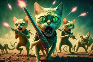 Alien cats landing and invading planet earth illustration photo