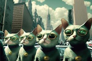 Alien cats landing and invading new york city planet earth illustration photo