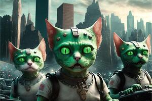 Alien cats landing and invading new york city planet earth illustration photo