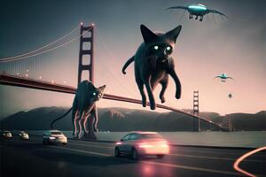 Alien cats landing in san francisco california and invading planet earth illustration photo